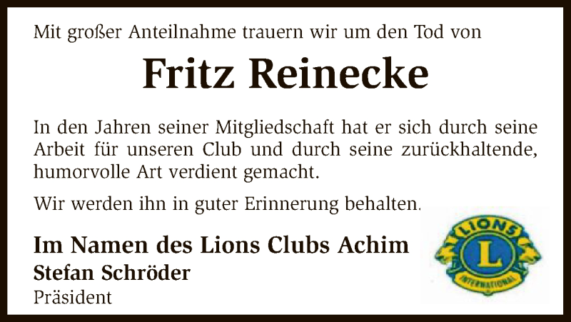  Traueranzeige für Fritz Reinecke vom 04.01.2018 aus SYK
