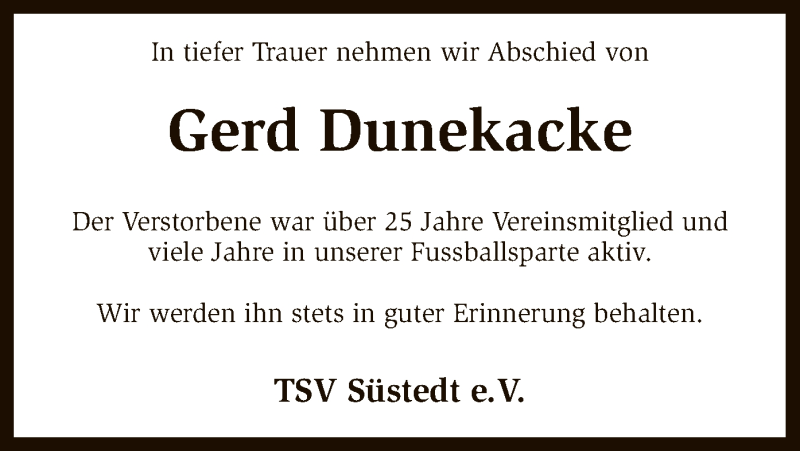  Traueranzeige für Gerd Dunekacke vom 03.01.2018 aus SYK