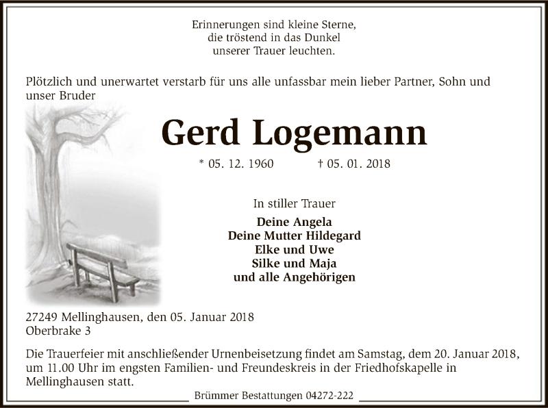  Traueranzeige für Gerd Logemann vom 10.01.2018 aus SYK