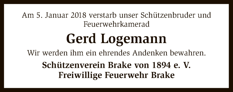  Traueranzeige für Gerd Logemann vom 13.01.2018 aus SYK