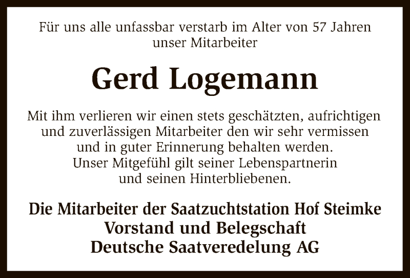  Traueranzeige für Gerd Logemann vom 12.01.2018 aus SYK