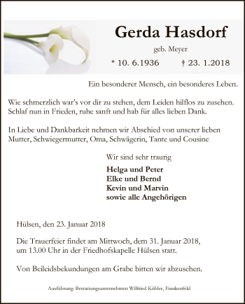 Traueranzeige von Gerda Hasdorf von SYK