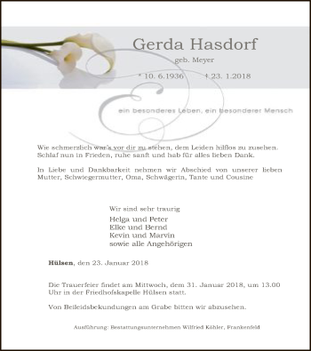 Traueranzeige von Gerda Hasdorf von SYK