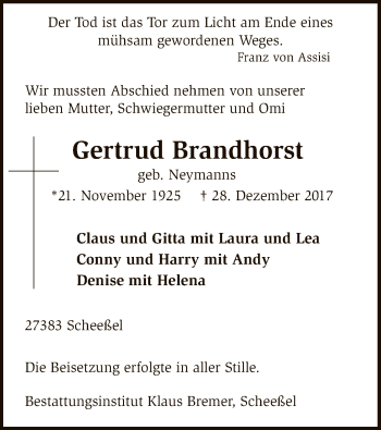 Traueranzeige von Gertrud Brandhorst von SYK