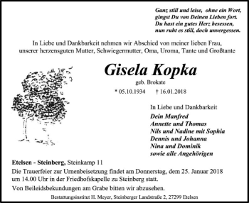 Traueranzeige von Gisela Kopka von SYK