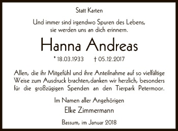 Traueranzeige von Hanna Andreas von SYK