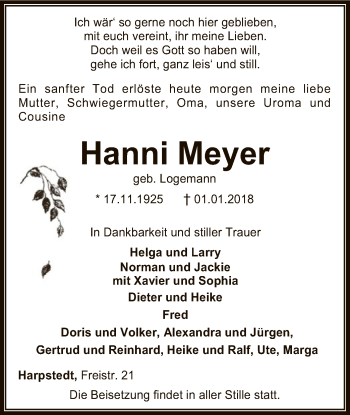 Traueranzeige von Hanni Meyer von SYK