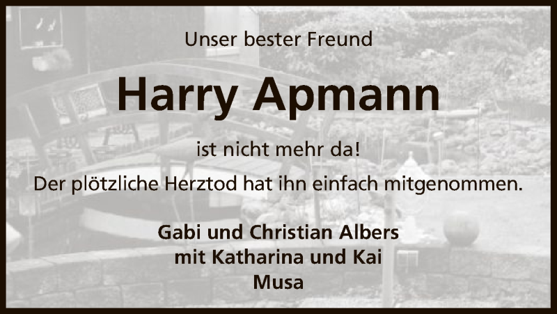 Traueranzeigen Von Harry Apmann | Trauer.kreiszeitung.de