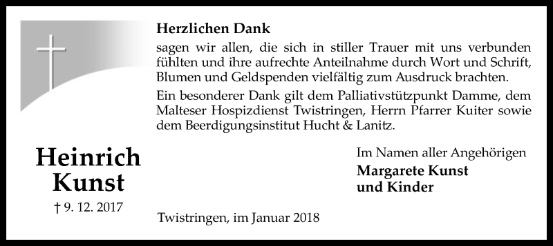 Traueranzeige für Heinrich Kunst vom 27.01.2018 aus SYK
