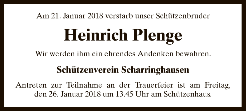  Traueranzeige für Heinrich Plenge vom 25.01.2018 aus SYK