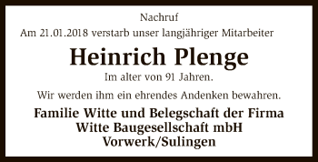 Traueranzeige von Heinrich Plenge von SYK