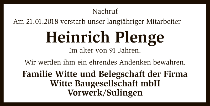  Traueranzeige für Heinrich Plenge vom 26.01.2018 aus SYK