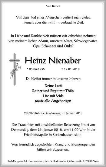 Traueranzeige von Heinz Nienaber von SYK