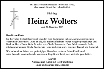 Traueranzeige von Heinz Wolters von SYK