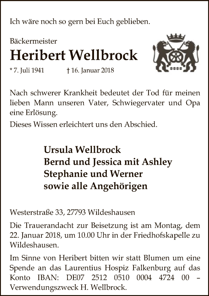 Traueranzeige für Heribert Wellbrock vom 18.01.2018 aus SYK