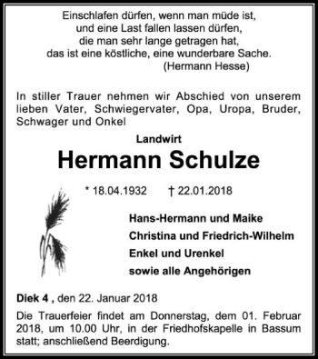 Traueranzeige von Hermann Schulze von SYK