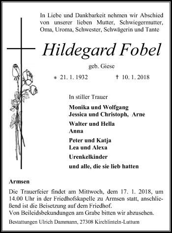 Traueranzeige von Hildegard Fobel von SYK