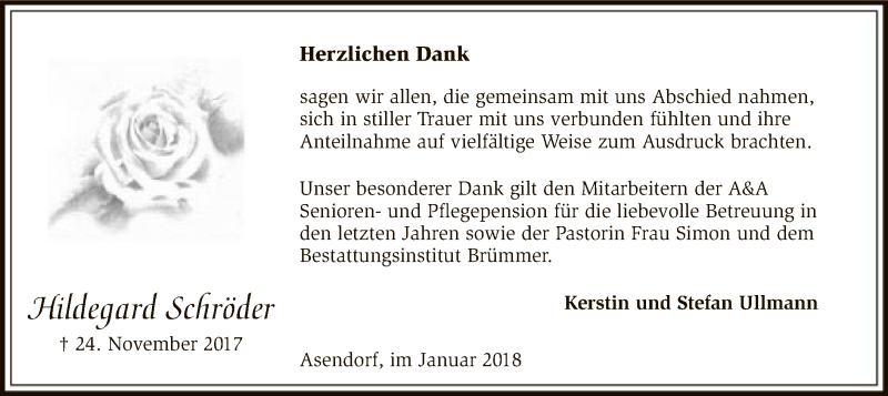  Traueranzeige für Hildegard Schröder vom 06.01.2018 aus SYK