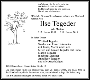 Traueranzeige von Ilse Tegeder von SYK