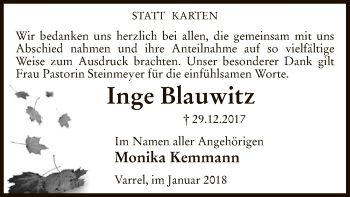 Traueranzeige von Inge Blauwitz von SYK