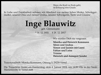 Traueranzeige von Inge Blauwitz von SYK