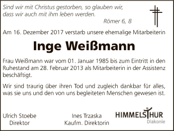 Traueranzeige von Inge Weißmann von SYK