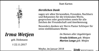 Traueranzeige von Irma Wetjen von SYK