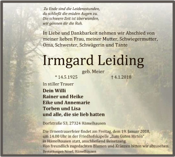 Traueranzeige von Irmgard Leiding von SYK