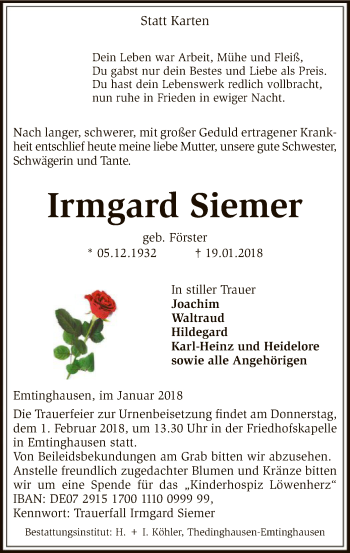 Traueranzeige von Irmgard Siemer von SYK