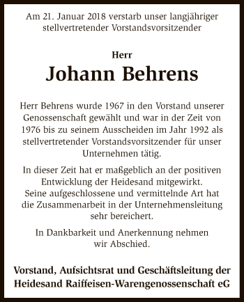 Traueranzeige von Johann Behrens von SYK