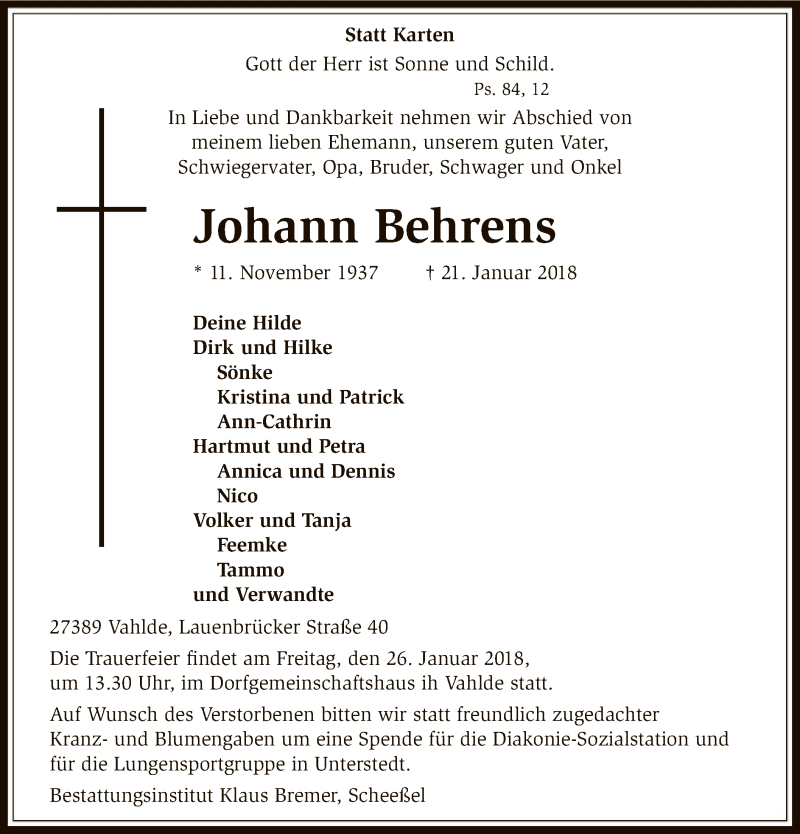  Traueranzeige für Johann Behrens vom 23.01.2018 aus SYK