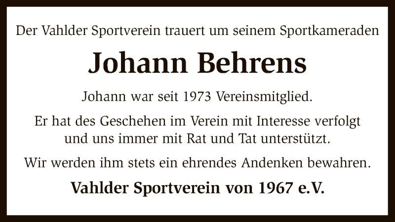  Traueranzeige für Johann Behrens vom 23.01.2018 aus SYK