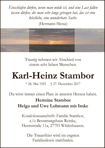 Traueranzeige von Karl-Heinz Stambor von SYK