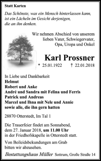 Traueranzeige von Karl Prossner von SYK