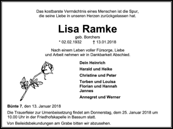 Traueranzeige von Lisa Ramke von SYK