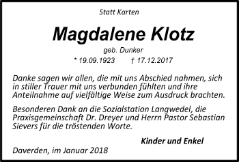 Traueranzeige von Magdalene Klotz von SYK