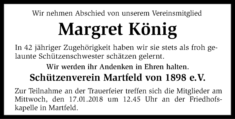  Traueranzeige für Margret König vom 15.01.2018 aus SYK