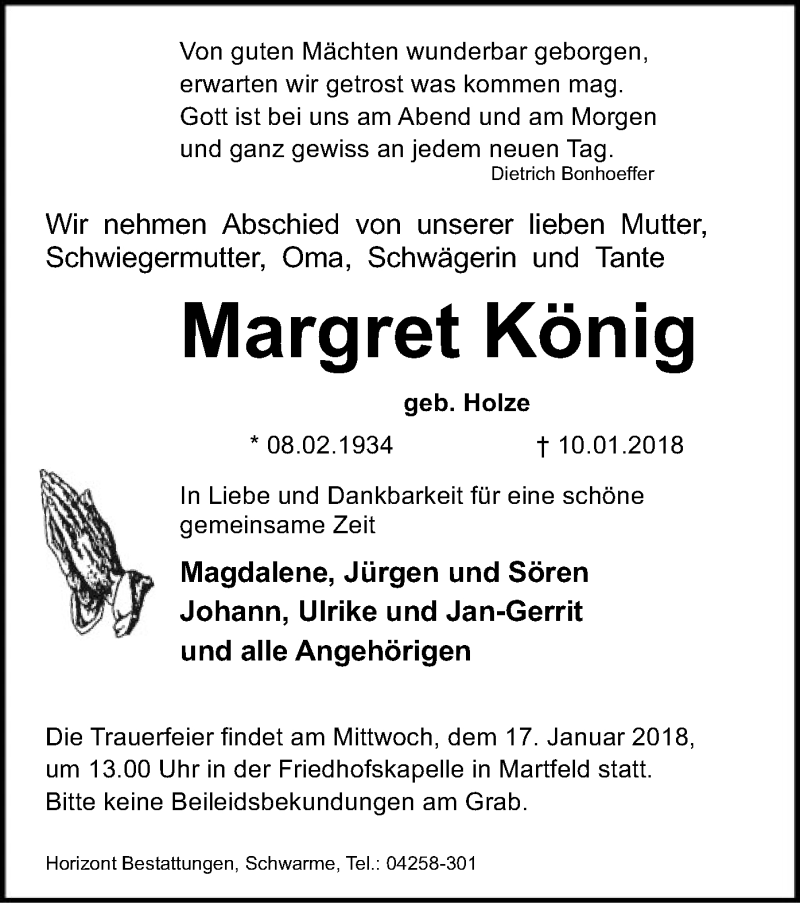  Traueranzeige für Margret König vom 13.01.2018 aus SYK