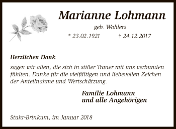 Traueranzeige von Marianne Lohmann von SYK