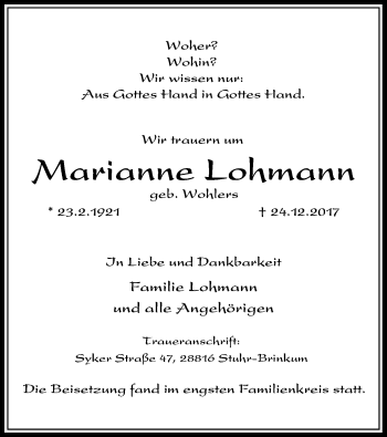 Traueranzeige von Marianne Lohmann von SYK