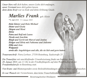Traueranzeige von Marlies Frank von SYK