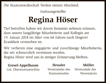 Traueranzeige von Regina Höser von SYK