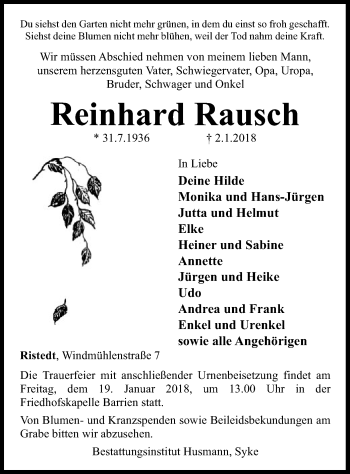 Traueranzeige von Reinhard Rausch von SYK