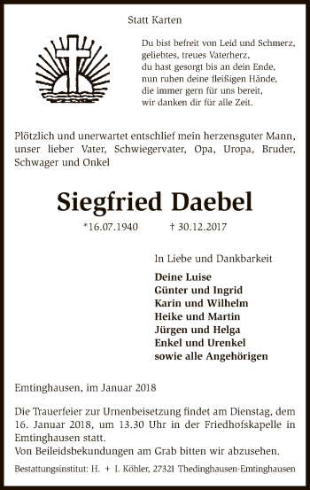 Traueranzeige von Siegfried Daebel von SYK