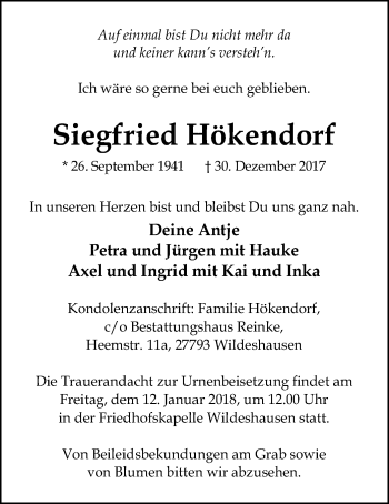 Traueranzeige von Siegfried Hökendorf von SYK