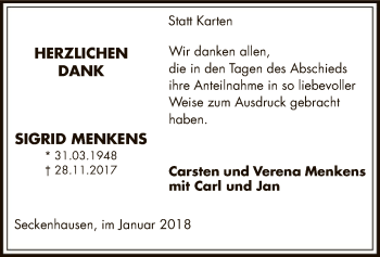 Traueranzeige von Sigrid Menkens von SYK