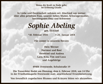 Traueranzeige von Sophie Abeling von SYK