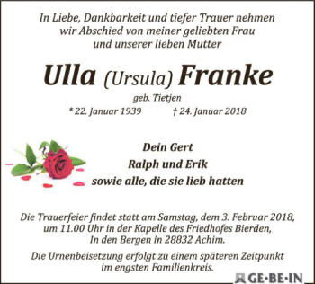 Traueranzeige von Ulla Franke von SYK