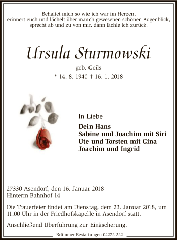 Traueranzeige von Ursula Sturmowski von SYK