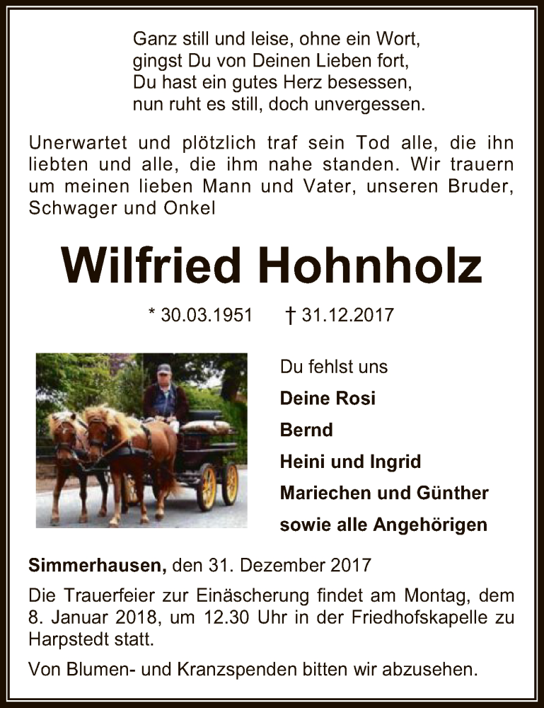  Traueranzeige für Wilfried Hohnholz vom 04.01.2018 aus SYK